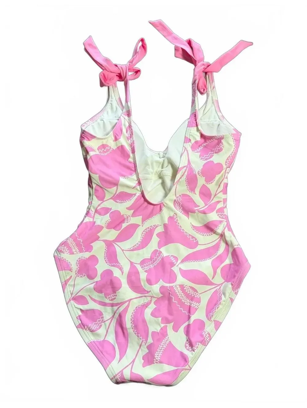 Kate Spade bow shoulder accent v front one piece swimsuit pink cream size S New